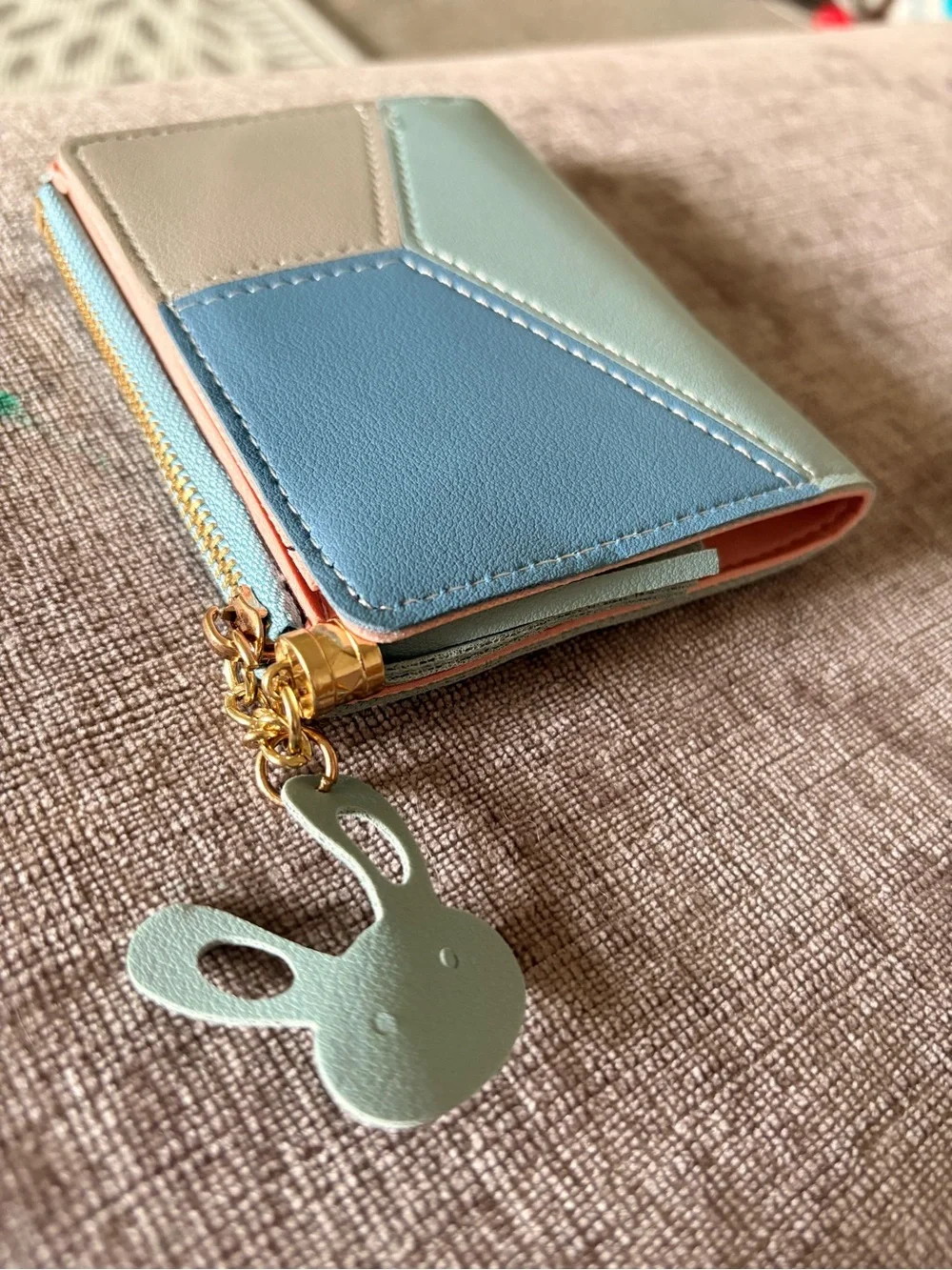 Compact Tricolor Faux Leather Wallet with Tassel Charm - Blue/Green/Cream